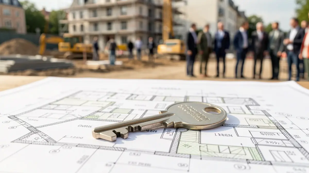 Generic image of a house key on a blueprint.