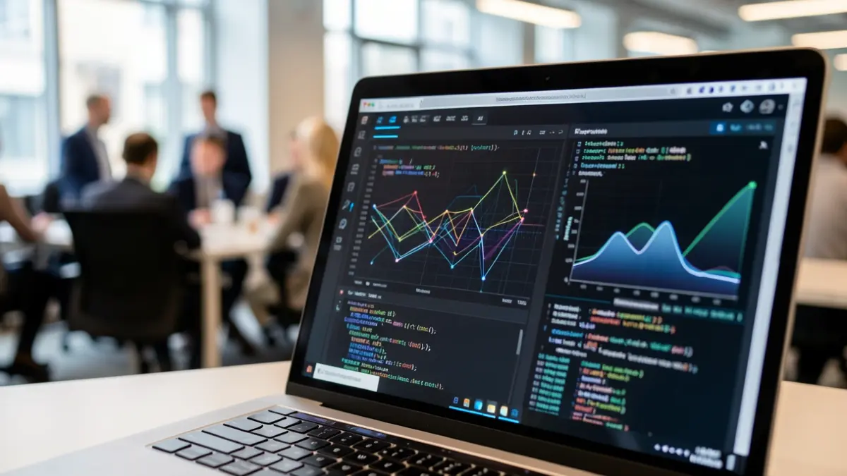Close-up of a laptop screen showing AI data visualizations and code.
