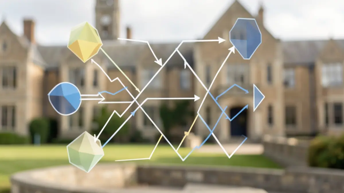 Generic image of abstract geometric shapes representing data flow and ethical considerations, with subtle hints of a university campus in the background.