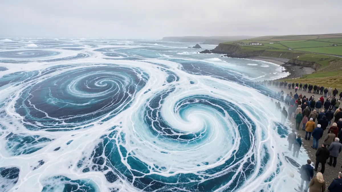 Generic image of abstract swirling blue and white patterns representing shrinking sea ice, with soft diffused light.