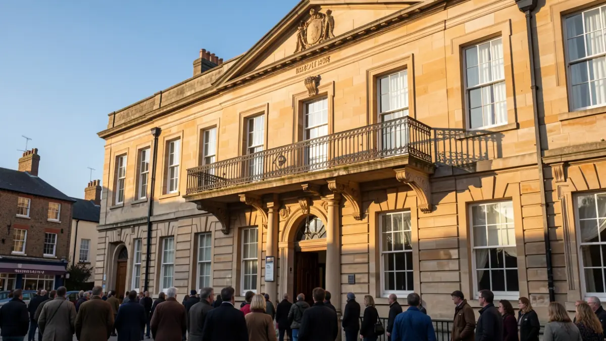 Generic image of a traditional town hall facade with an ornate balcony, bathed in warm afternoon sunlight.