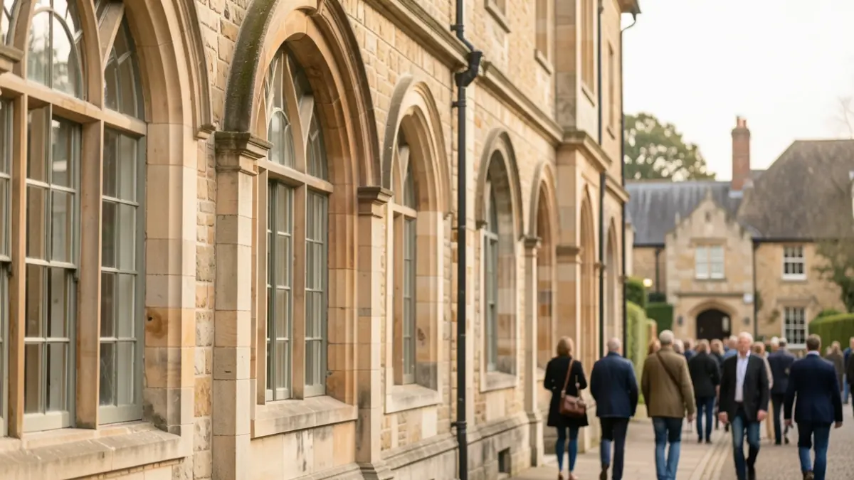 Generic image of a university building facade with arched windows and stone detailing, soft natural light, shallow depth of field.