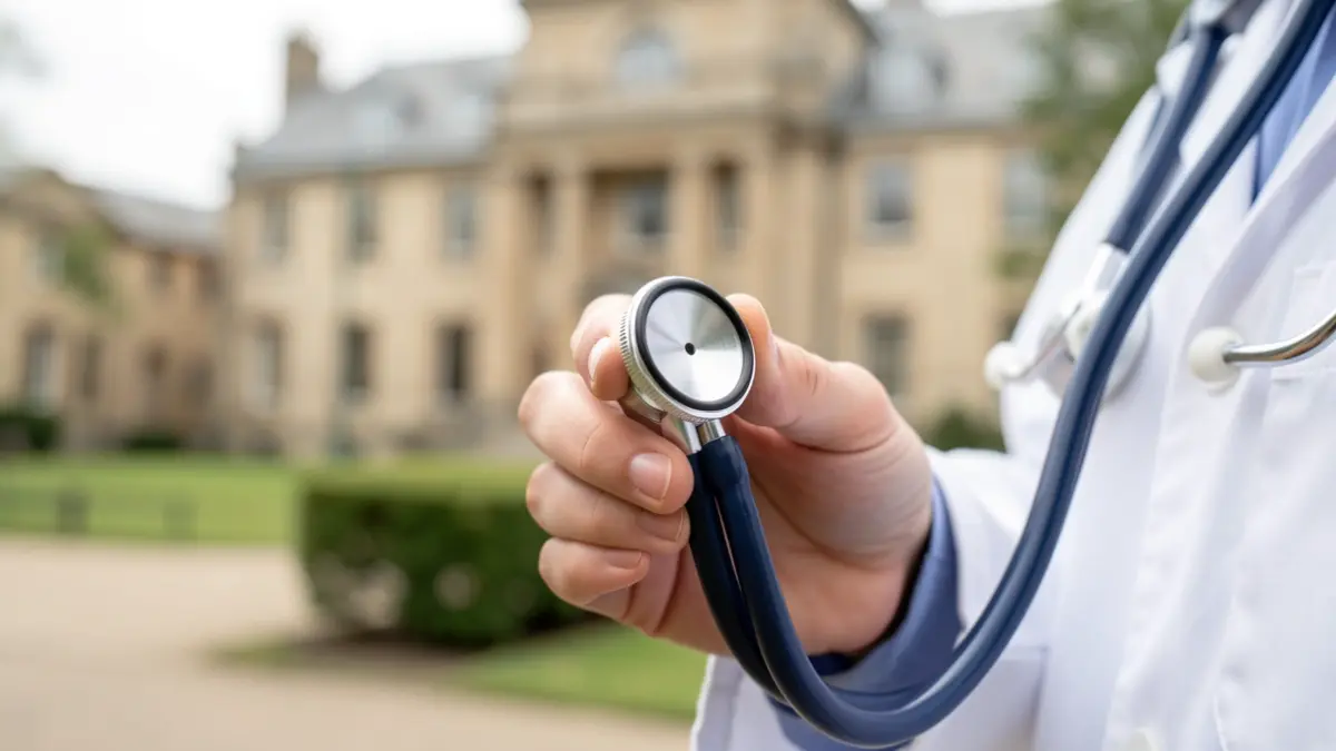 Generic image of a medical student's hand holding a stethoscope.