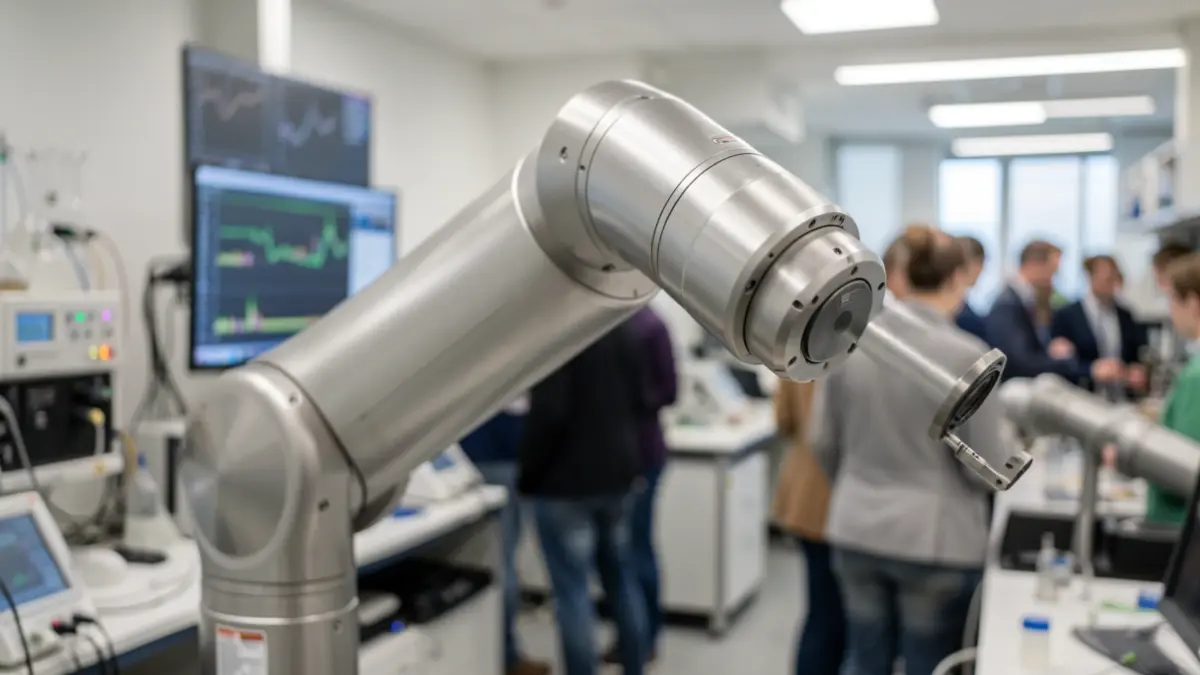 Generic image of a robotic arm in a laboratory with blurred scientific equipment in the background.