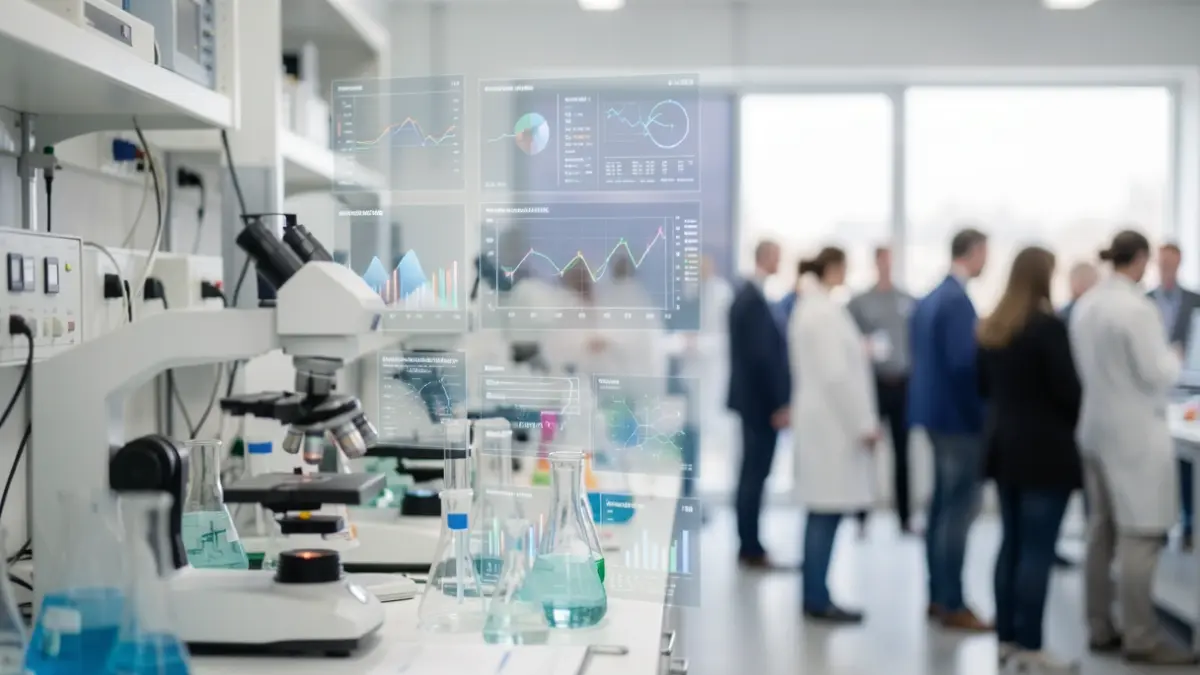 Generic image of abstract medical research with blurred scientific equipment and data visualizations.