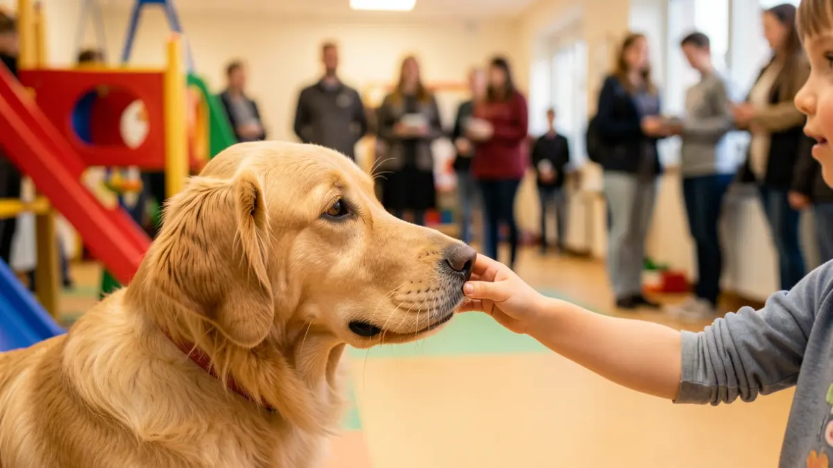 A child's hand interacting with a therapy dog in a hospital setting.