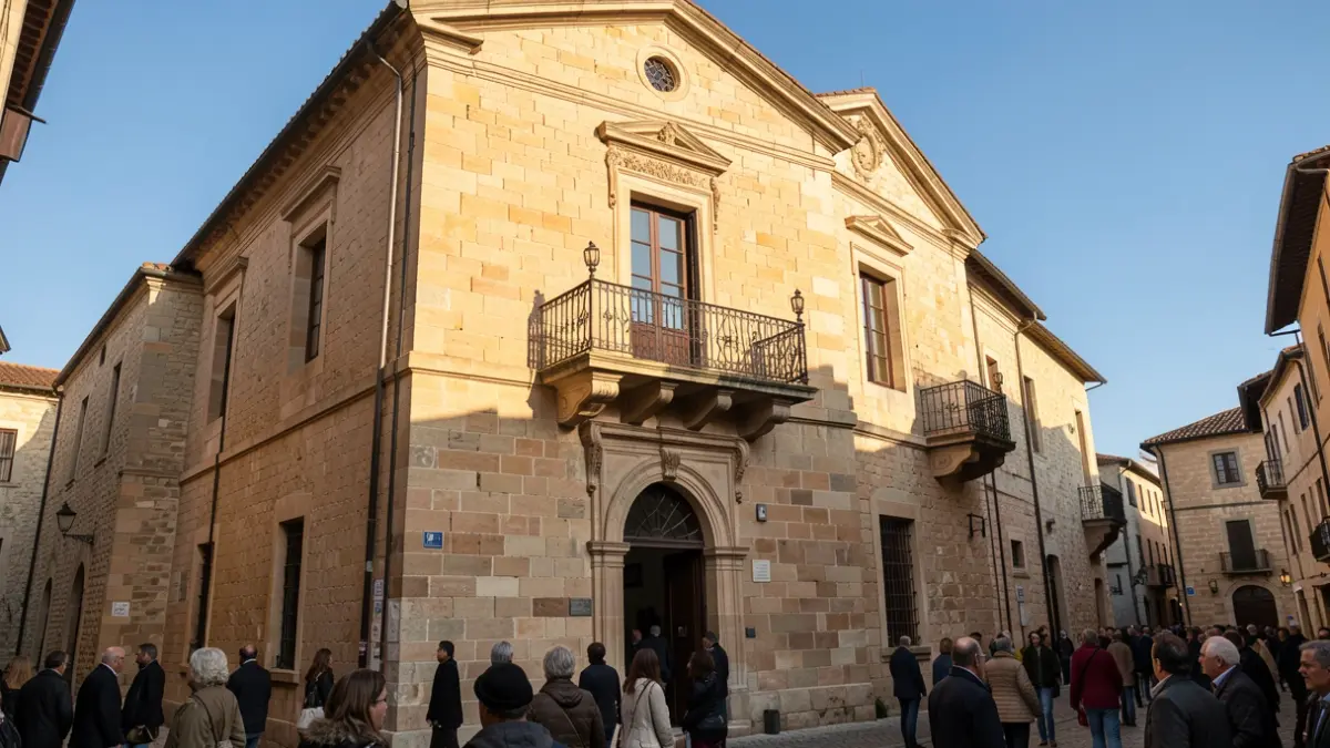 Generic image of a traditional stone town hall facade with an ornate balcony and iron railings, bathed in warm afternoon sunlight casting long shadows on the sandstone walls, under a clear blue sky.