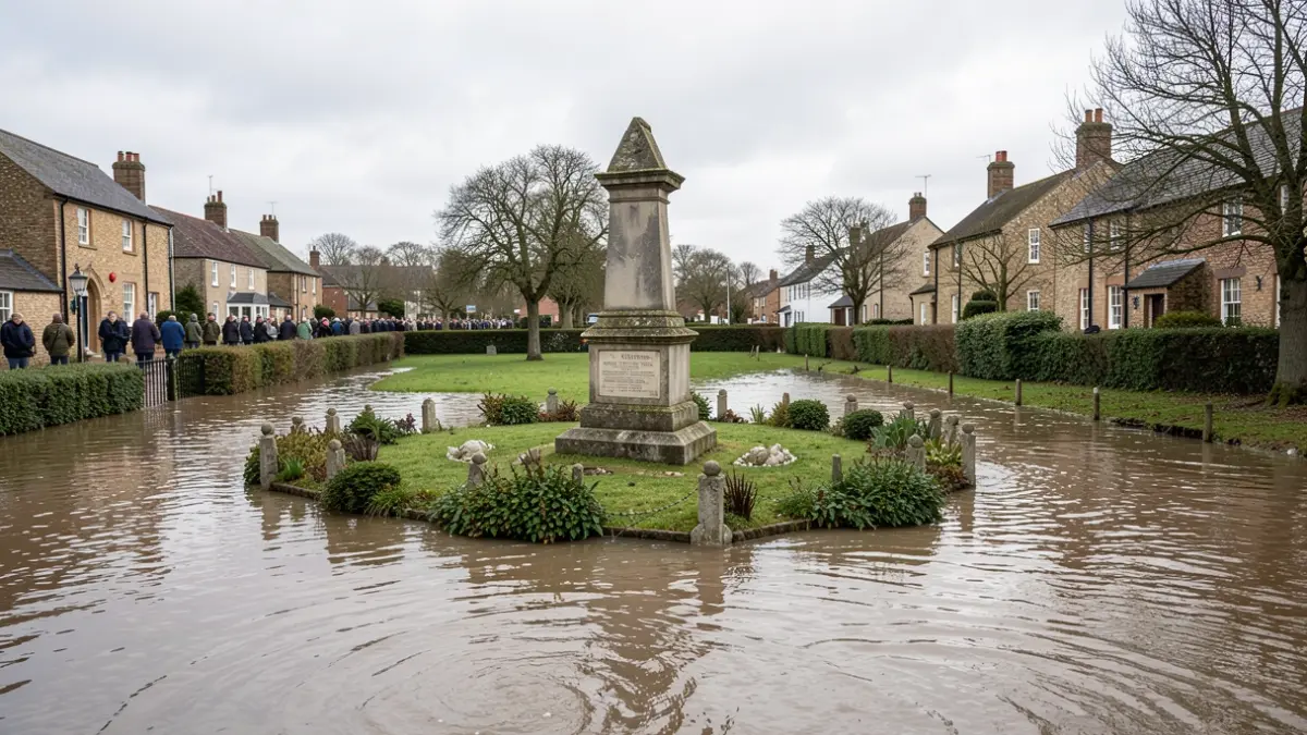 Flooded village green with water reaching a war memorial.