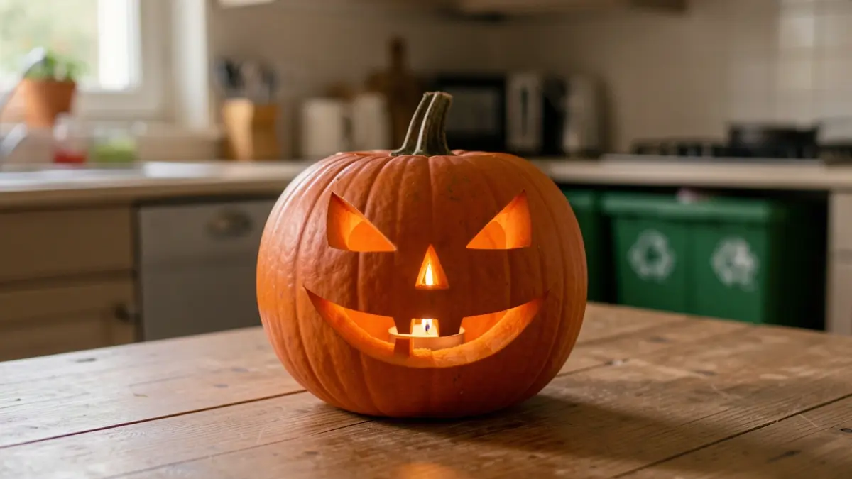 A Halloween pumpkin with an LED candle, next to recycling bins in a kitchen.