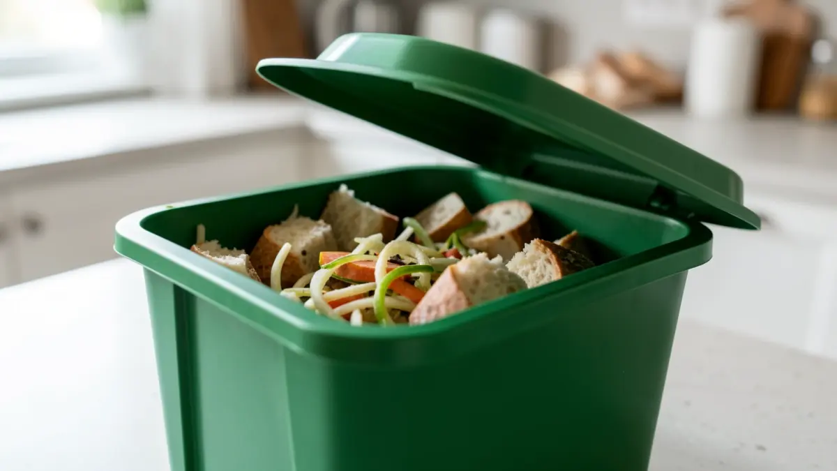 Generic image of a food waste caddy on a kitchen counter.