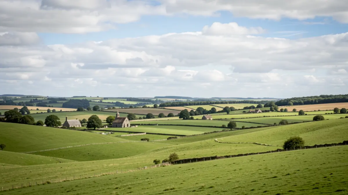 A scenic view of the East of England countryside, featuring rolling hills, scattered villages, and a wide sky.