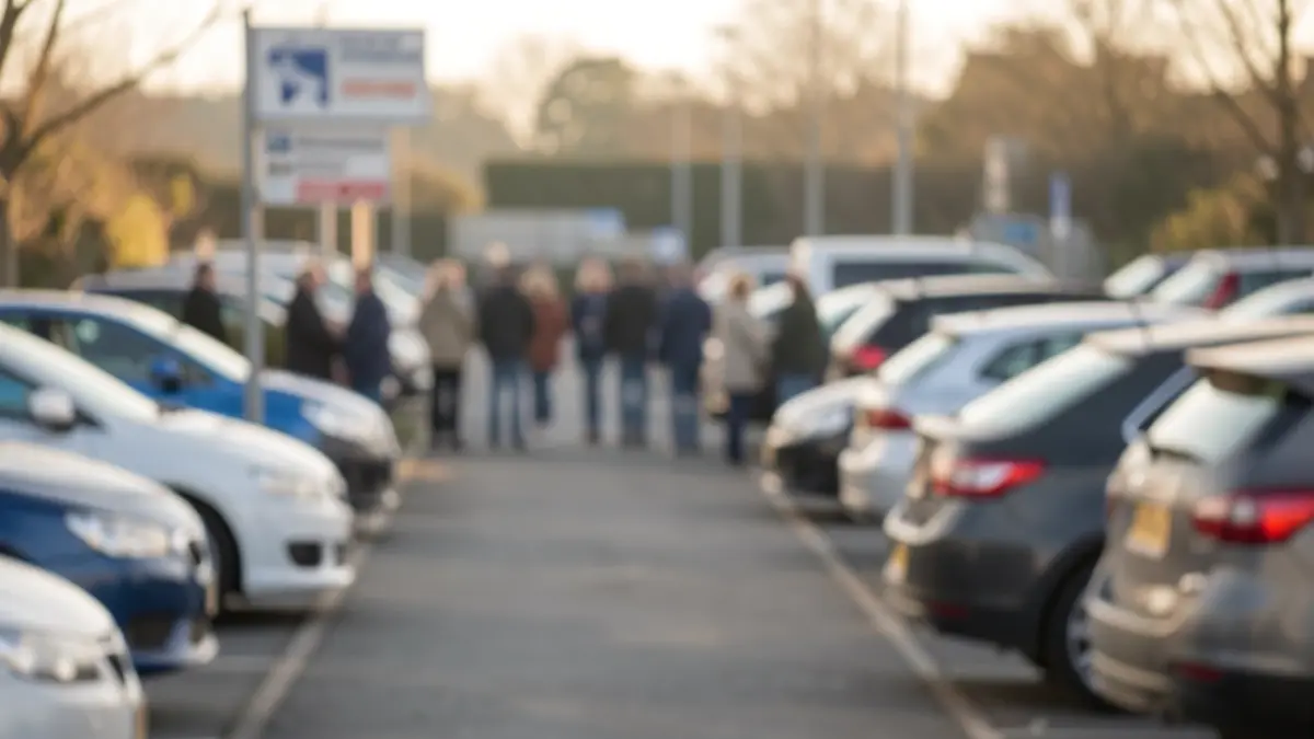 Generic image of a car park with signs and blurred vehicles.