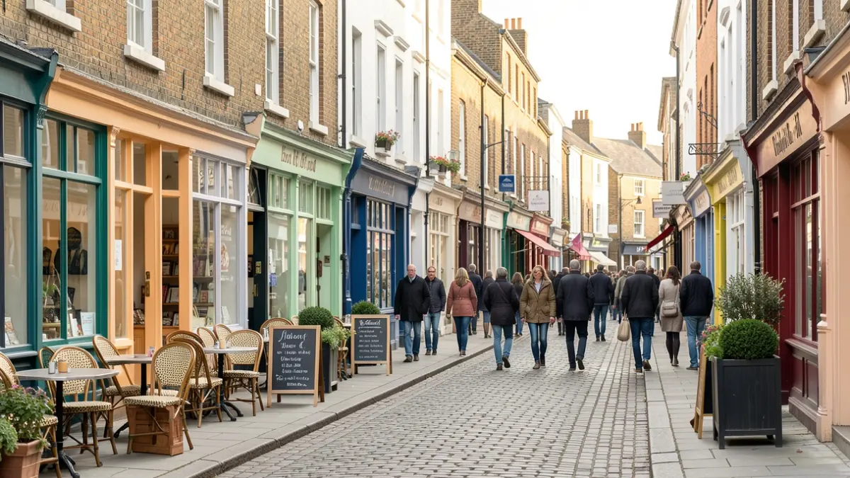 Generic image of a pedestrianised street in a historic East of England town centre with shops and outdoor seating.
