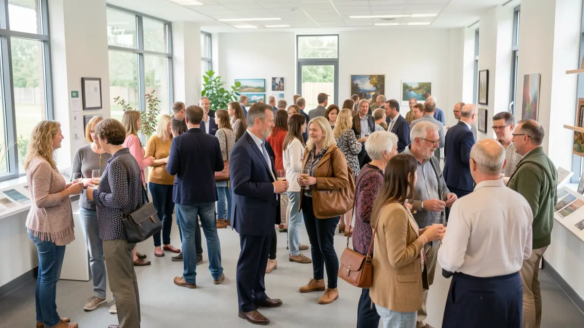 Generic image of a diverse community event held in a civic building, with people interacting and displays visible.
