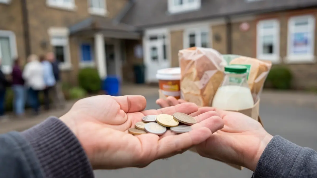 Generic image of essential groceries and coins, representing cost of living support.
