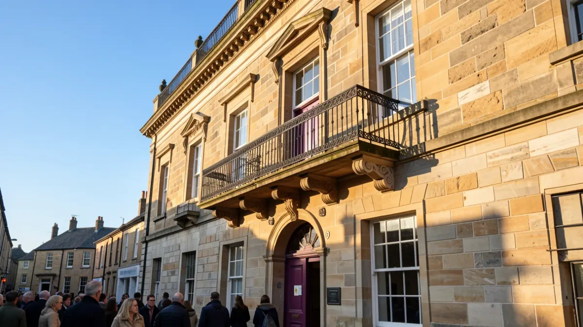 Generic image of a town hall facade with a balcony in warm sunlight.