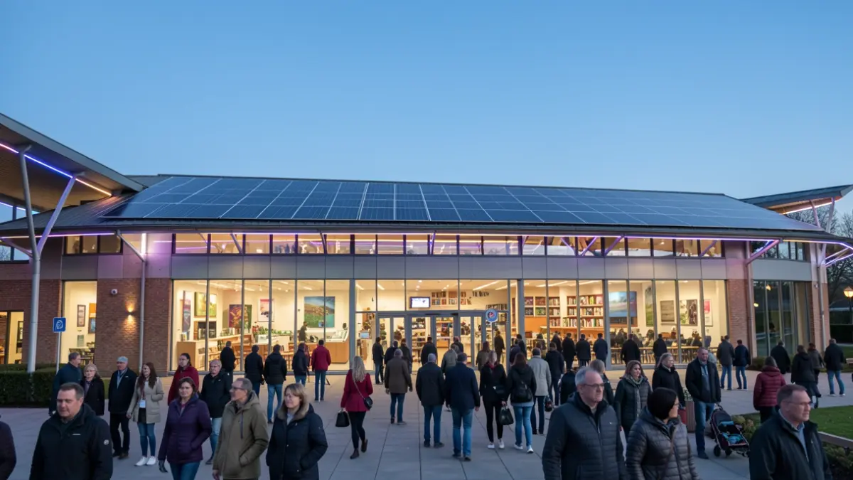 Modern leisure centre with solar panels and LED lighting in East of England.