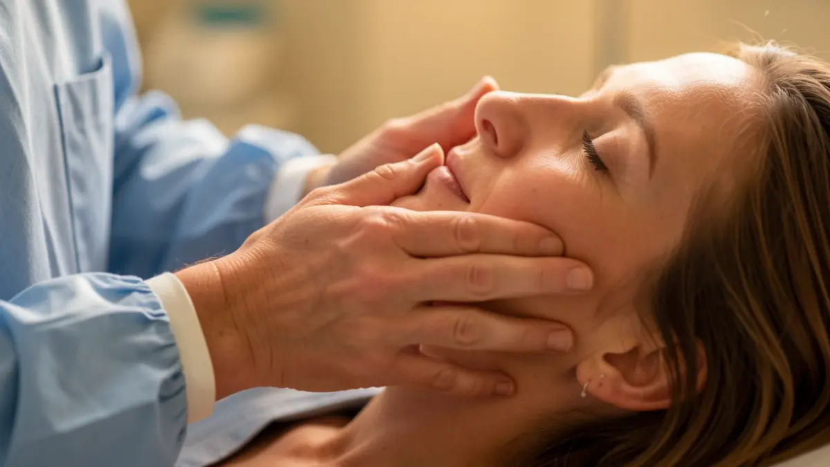 Generic image of a surgeon's hands holding a patient's face with care.