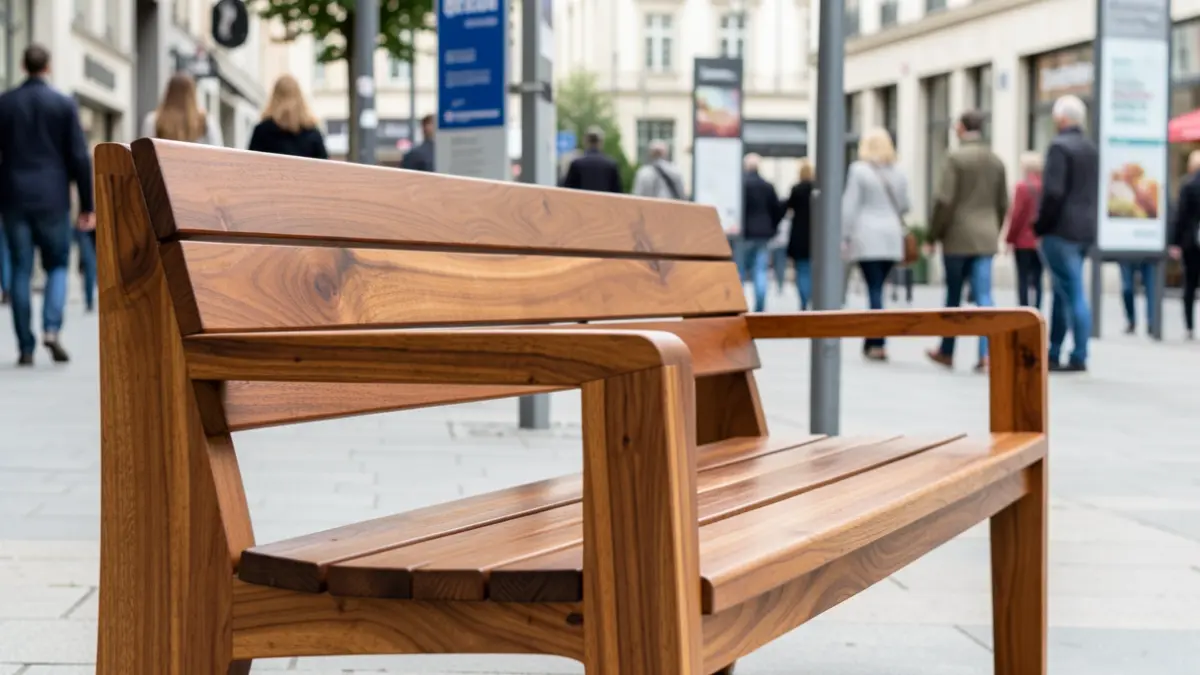 A new contemporary wooden bench installed in a town centre as part of public realm improvements.