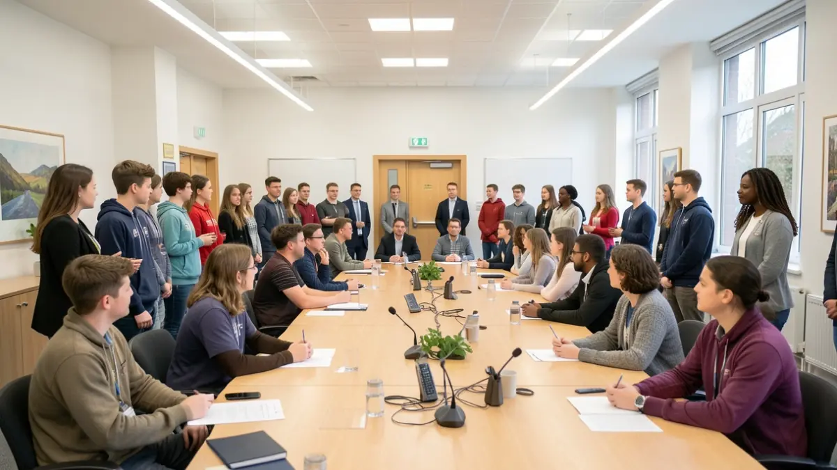 Generic image of a group of diverse young people in a council chamber setting.