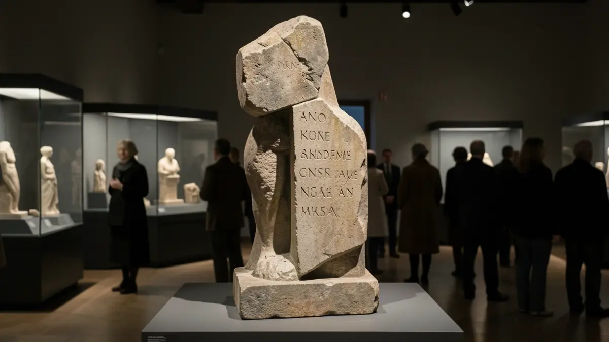 Generic image of a symbolic sculpture with carved names in a museum setting.
