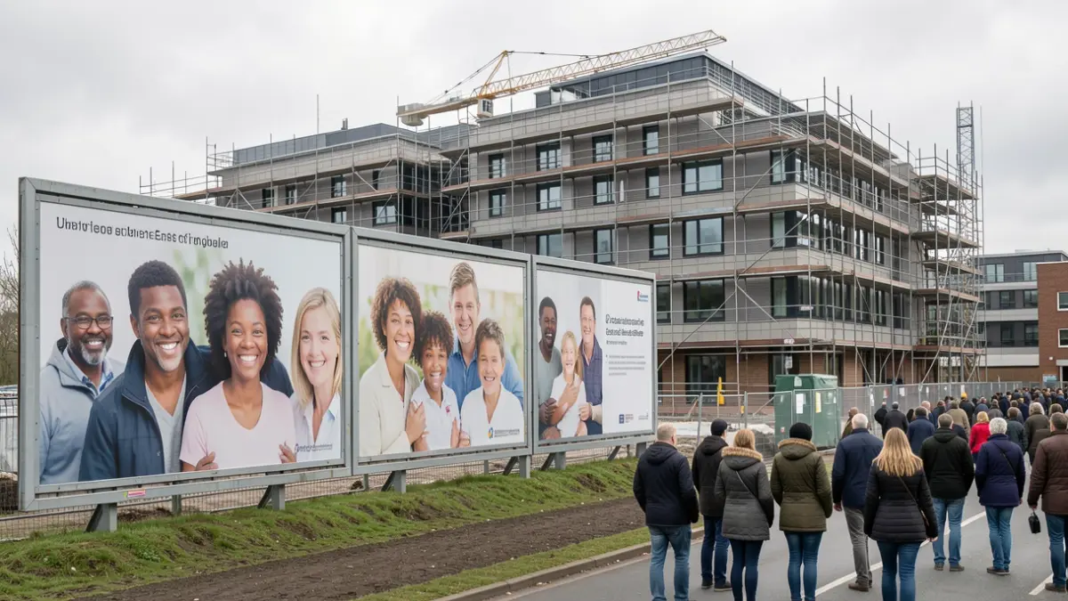 Generic image of hoardings featuring diverse people in front of a hospital construction site.