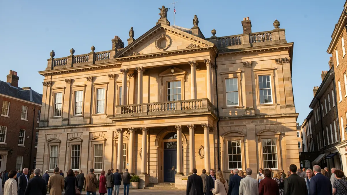 Generic image of a historic stone town hall facade with ornate architectural details and a balcony, illuminated by warm afternoon sunlight under a blue sky.