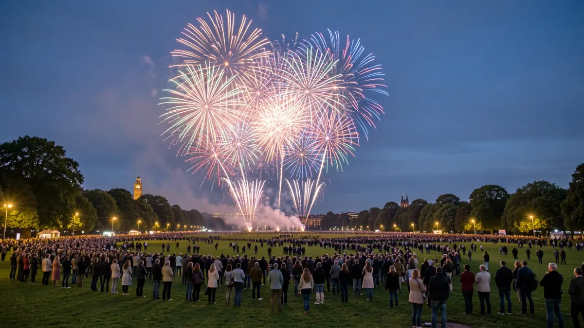 Fireworks display over Midsummer Common in Cambridge with a large crowd watching.