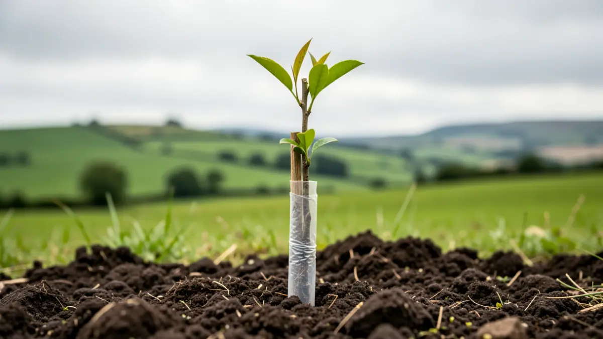 Generic image of a young tree sapling planted in the ground, with a blurred rural landscape in the background.
