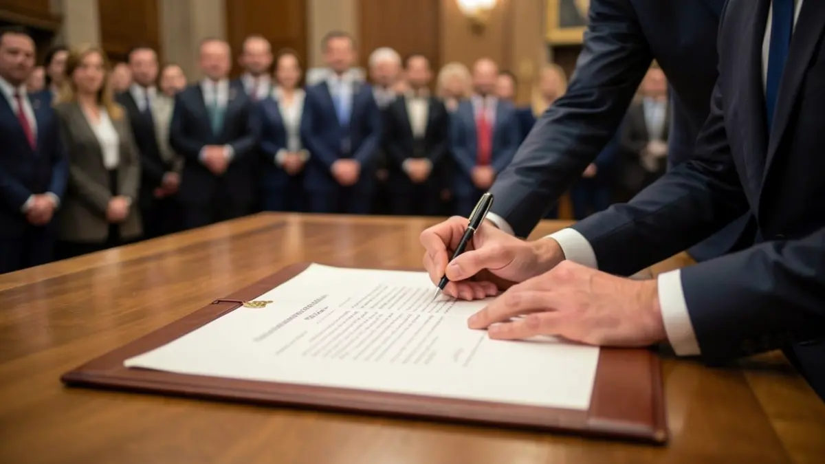 Generic image of a formal signing ceremony with hands and a document.