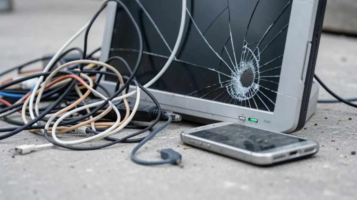 Generic image of discarded electronic waste, including wires and a broken computer monitor, on a concrete surface.