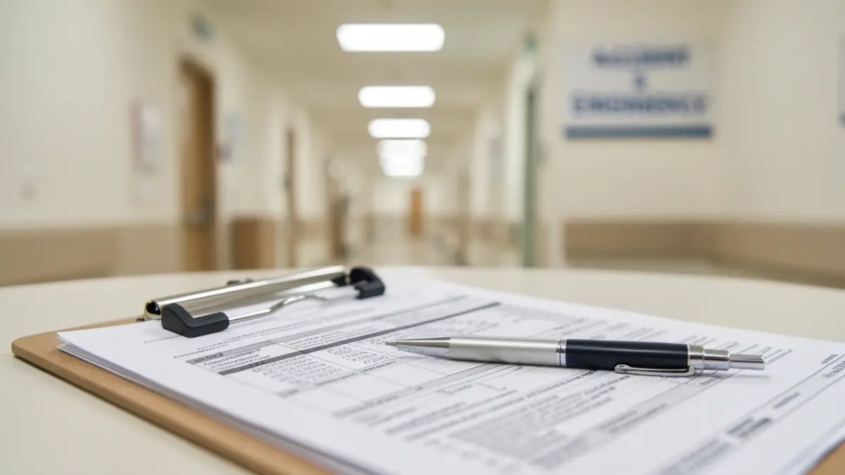 Close-up of a medical clipboard with blurred charts and a pen, with an out-of-focus hospital A&E corridor in the background.