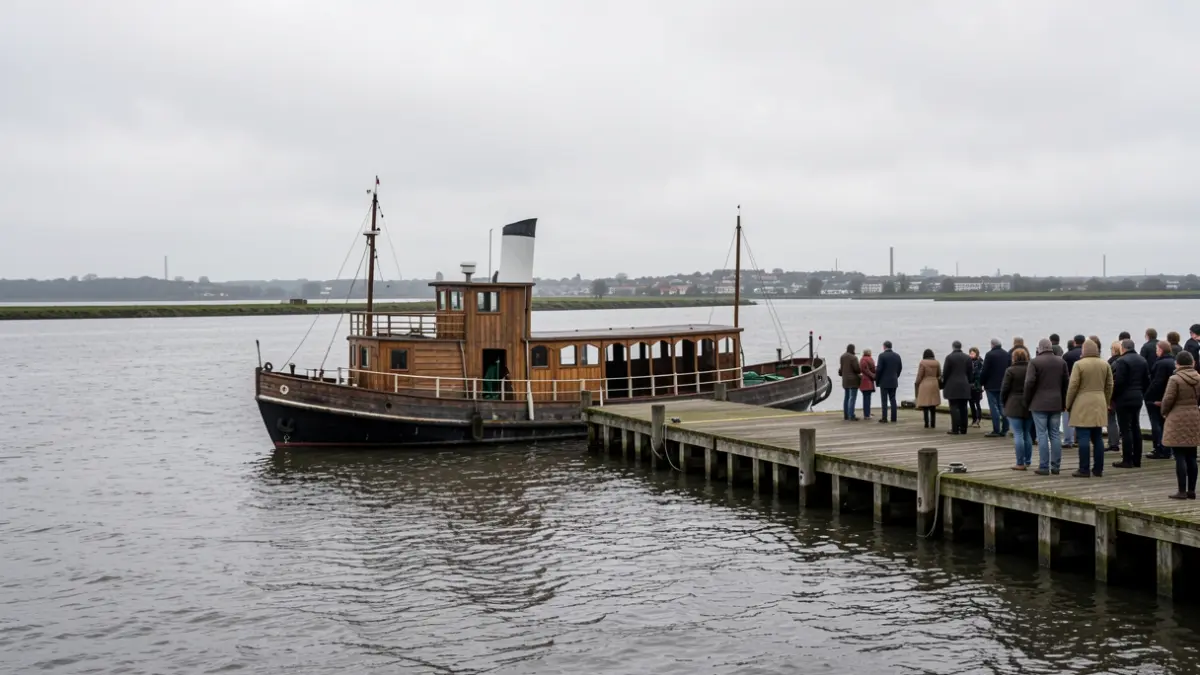 A historic ferry docked on a grey river under an overcast sky, symbolising a lost connection.