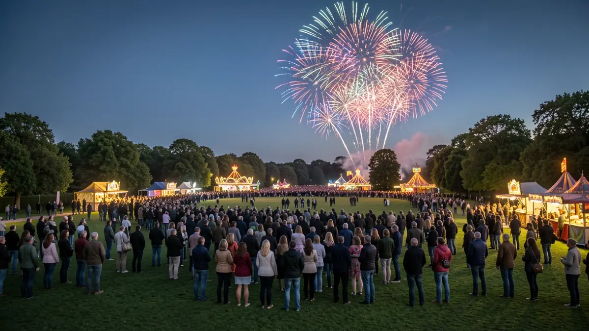 A large free fireworks display event held at Cassiobury Park, Watford, with crowds enjoying entertainment and food stalls under a colourful night sky.