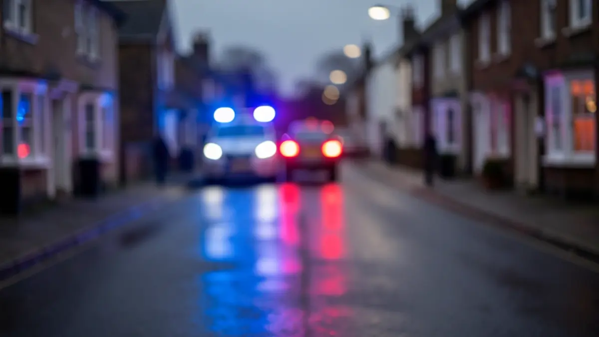 Blurred emergency lights reflecting on wet road at night.