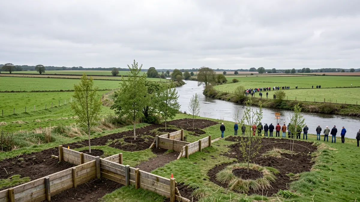 Generic image of a rural East of England landscape with a river and green fields under an overcast sky, featuring natural flood management elements like wooden barriers and trees.