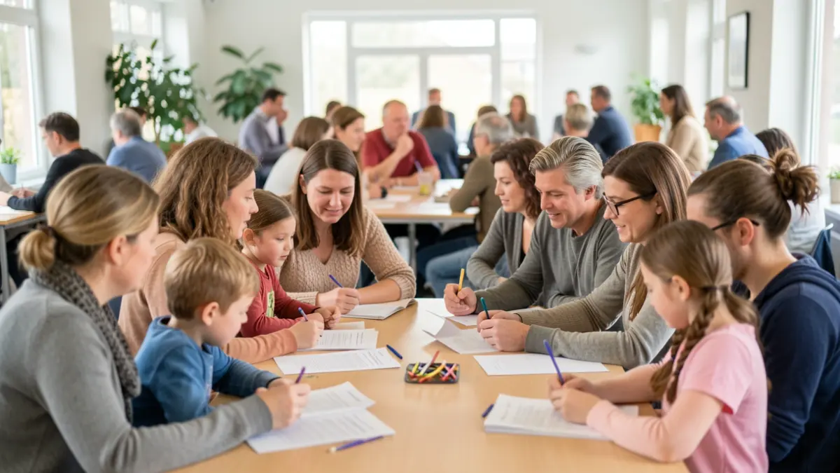 Generic image of a community consultation meeting with diverse participants discussing documents around a table.