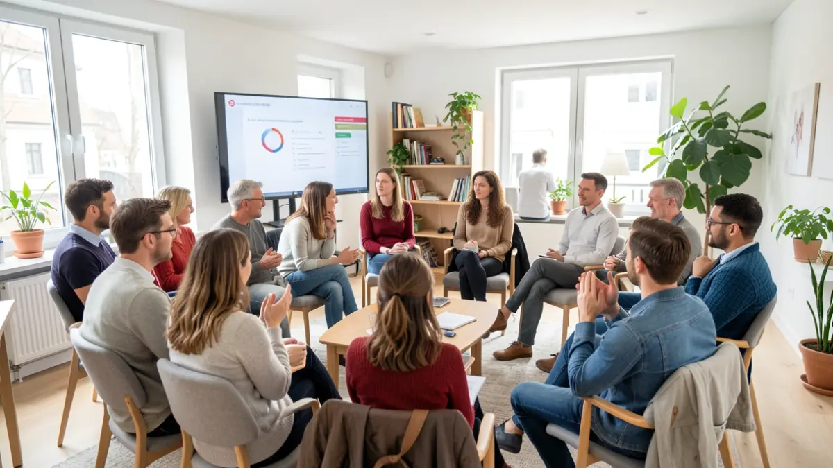 Generic image of a diverse group of people engaged in a meeting in a community room.