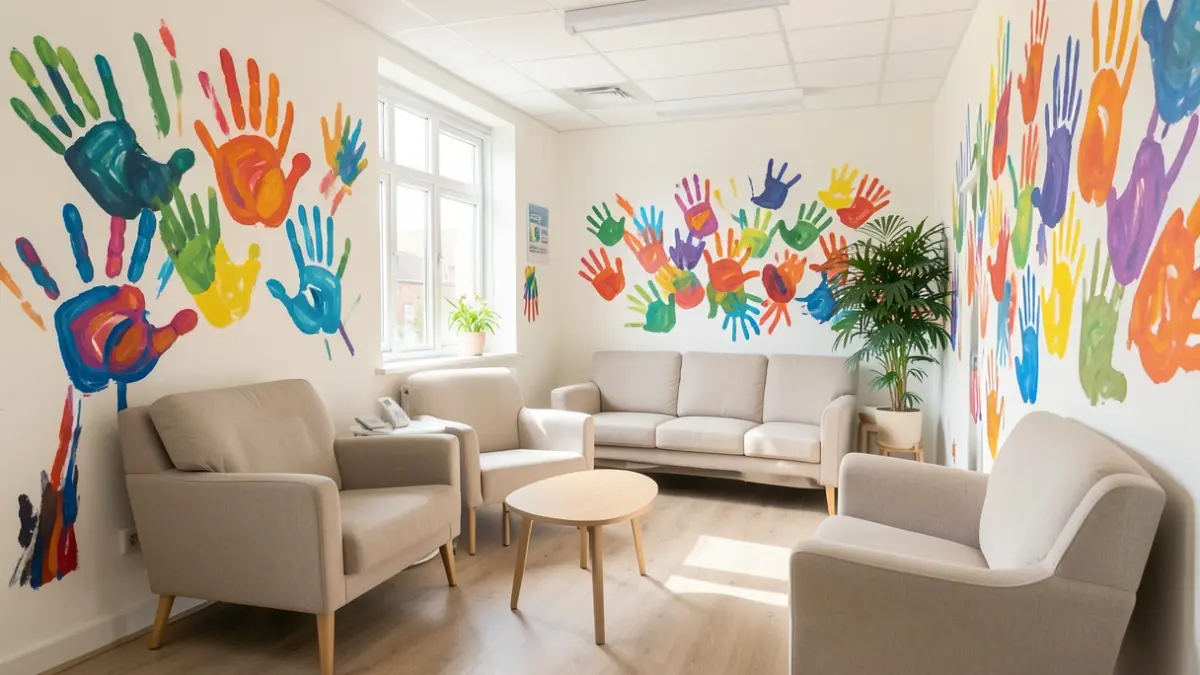 Generic image of a brightly lit, modern mental health ward room with colourful hand-painted murals and comfortable seating.