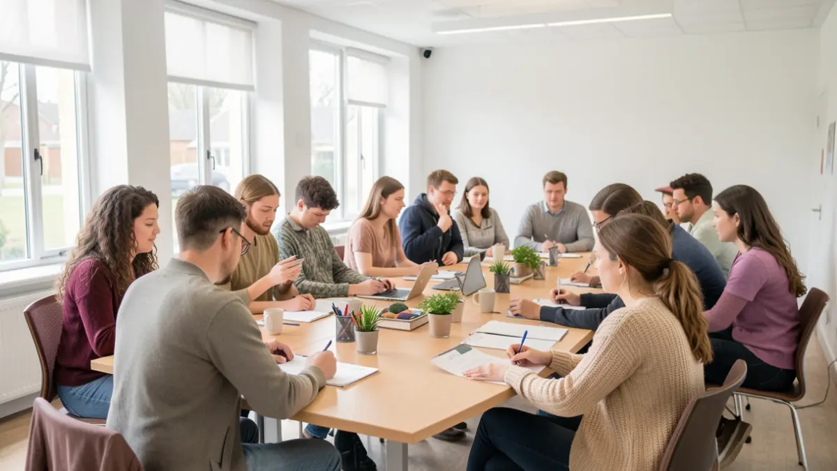 Young people and professionals discussing support plans in a community meeting room.