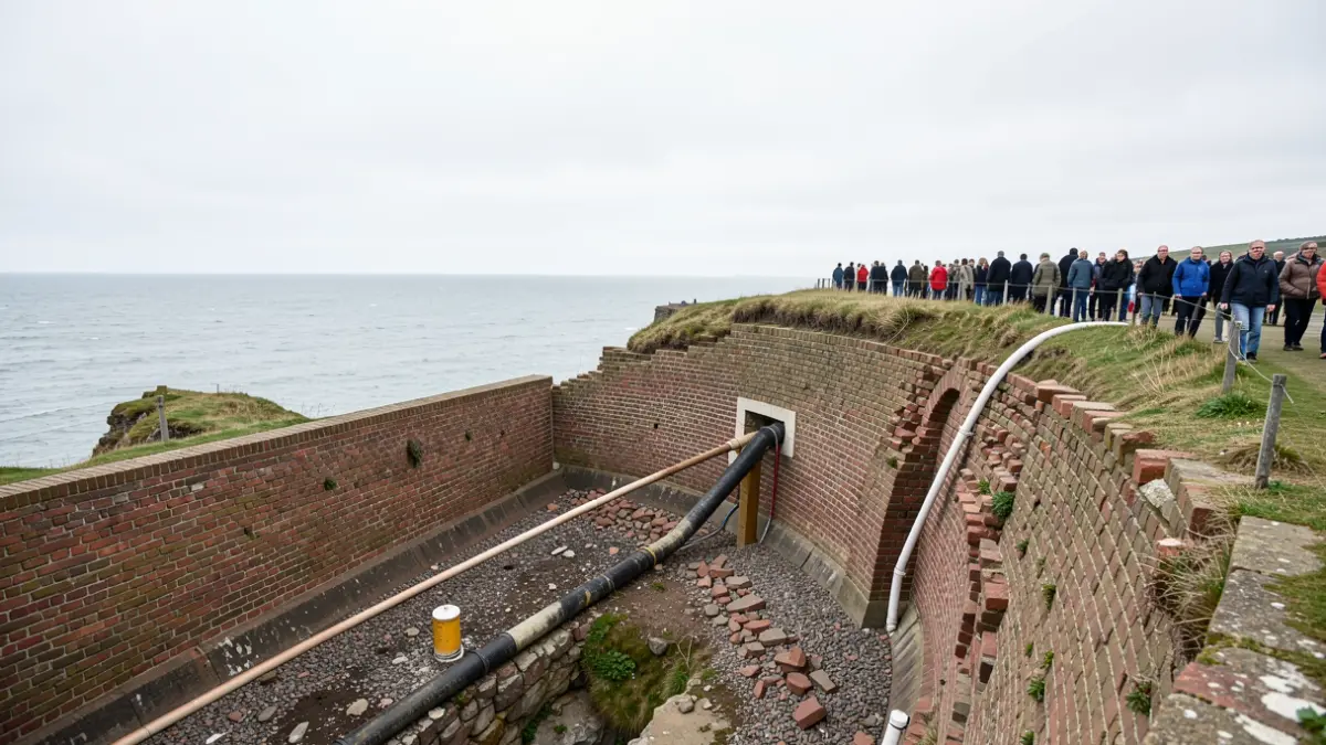 Generic image of a stabilised cliff face with a rebuilt brick wall and new drainage infrastructure overlooking the sea.