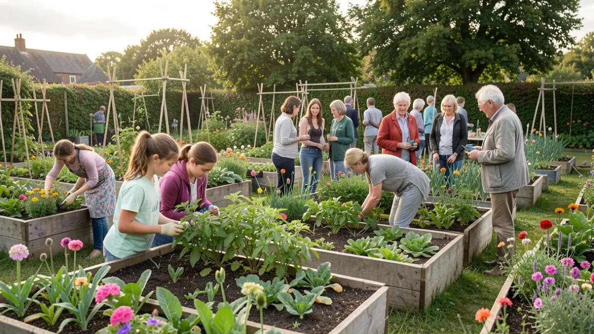 Generic image of a thriving community garden with volunteers working together.