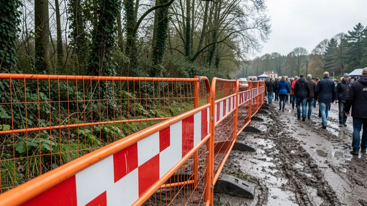 Safety fencing being erected in a woodland area at Rickmansworth Aquadrome.