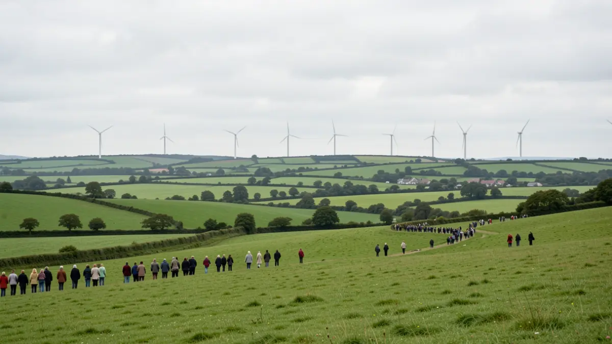 Generic image of rolling green hills in the East of England with distant wind turbines under an overcast sky.