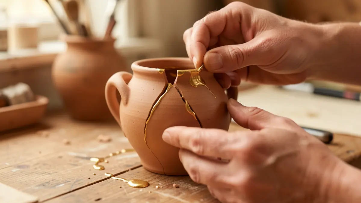 Generic image of hands repairing a broken object with gold material, highlighting the cracks.