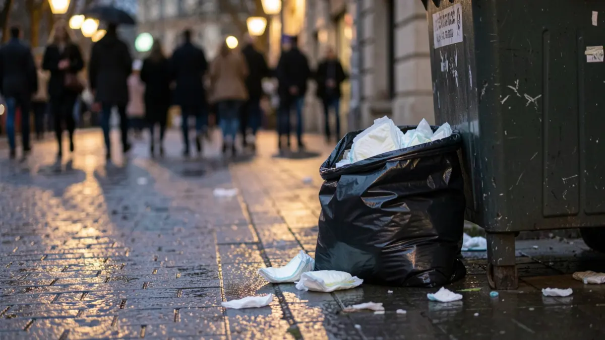 Generic image of illegally dumped waste, including a black bin bag with nappies, next to a street bin on a wet pavement at night.