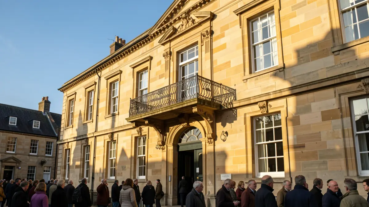Generic image of a traditional stone town hall facade with an ornate balcony and iron railings, in warm afternoon sunlight under a blue sky.