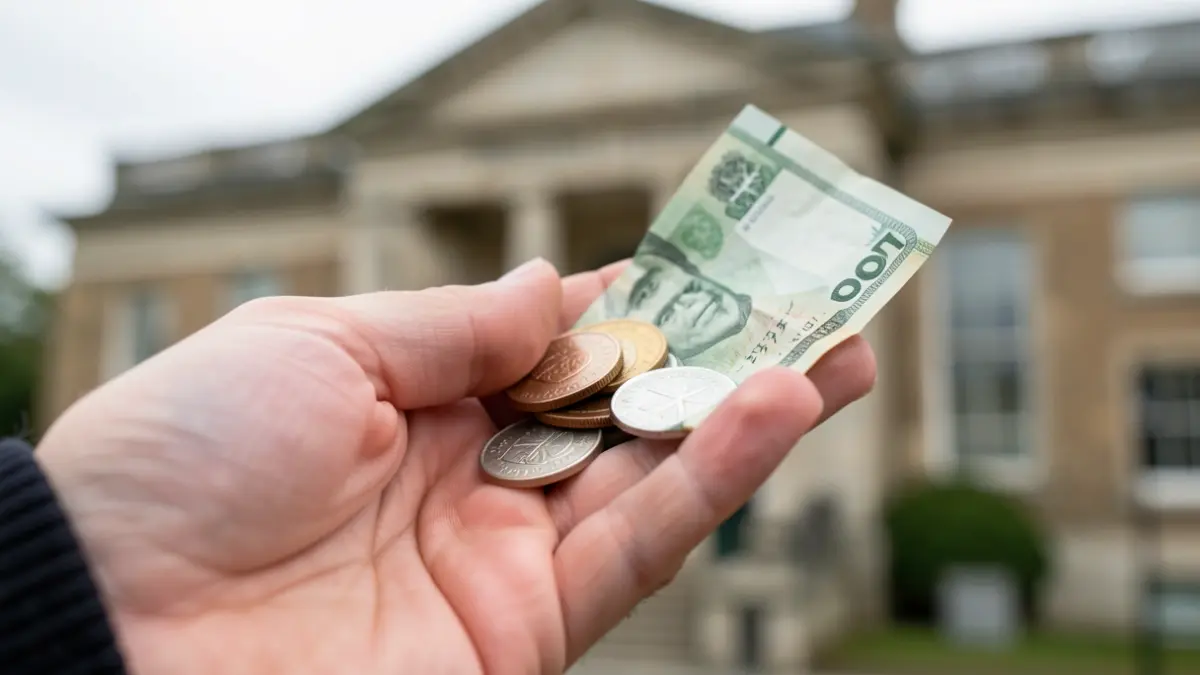 Generic image of a hand holding coins and a bill, with a blurred council building in the background.