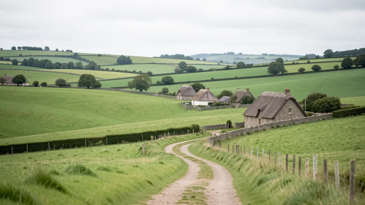 Generic image of rolling green countryside with scattered cottages and a country lane in East England.