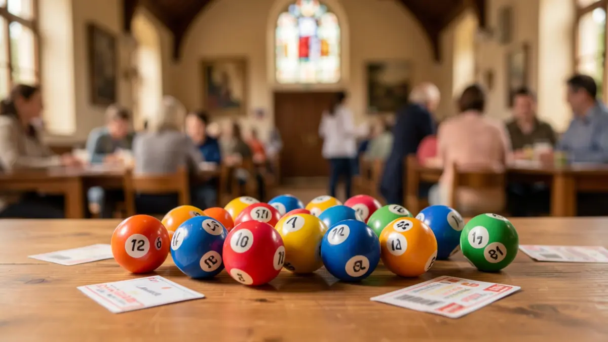 Generic image of colourful lottery balls and tickets on a wooden surface.